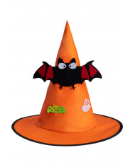 Orange witch hat in plastic fabric for children with bat