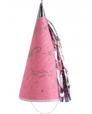 Cone hat in pink paper with silver decorations and fringes for