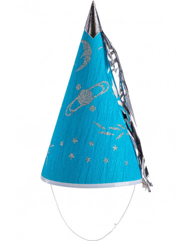 Cone hat in light blue paper with silver decorations and