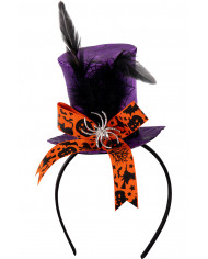 Purple mini top hat with spider, bow and feathers, high cm.9,5