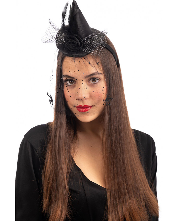 Mini black witch hat with veil and decorations, high cm.8