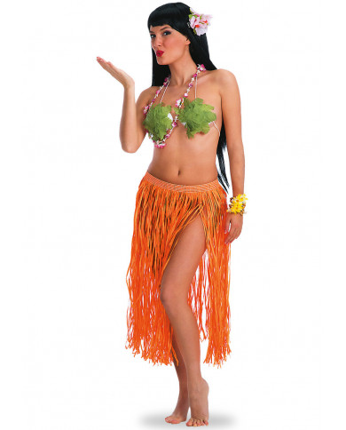 Falda Hawaii naranja fluorescente de rafia de unos 70 cm de largo en