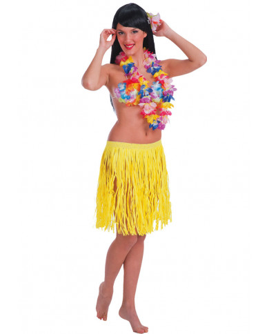Falda Hawaii amarilla fluorescente de rafia de unos 45 cm de largo en