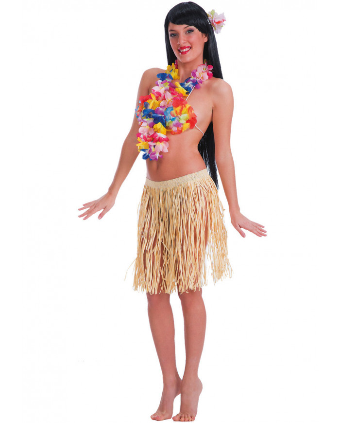 Falda Hawaii de rafia de color natural de unos 45 cm de largo en