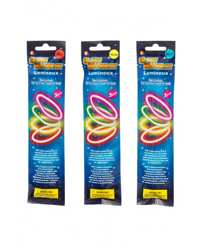 3 bracelets which glow in the dark in the assorted colors: red