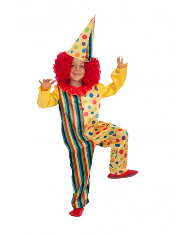 Clown costume for kid with multicolor satin jumpsuit, hat