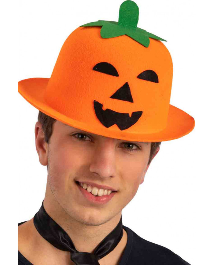 Orange mini pumpkin bowler hat with black eyes, nose and mouth.