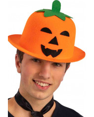 Orange mini pumpkin bowler hat with black eyes, nose and mouth.