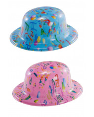 HAPPY BIRTHDAY plastic bowler hat in assorted colors, for a