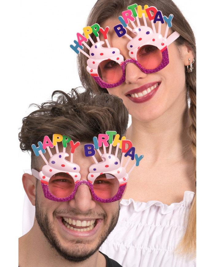 Plastic HAPPY BIRTHDAY eyeglasses with pink lenses and glitter