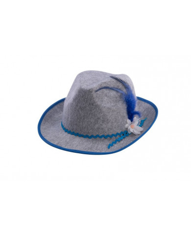 Bavarian grey felt hat with white flower and blue decorations
