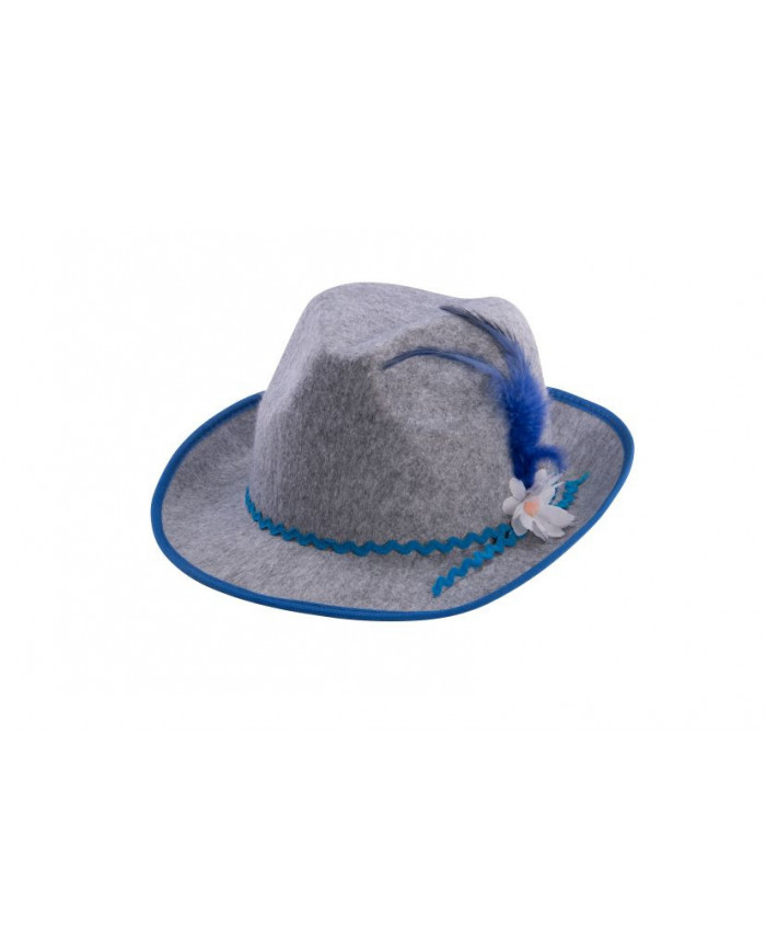 Bavarian grey felt hat with white flower and blue decorations
