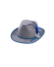 Bavarian grey felt hat with white flower and blue decorations