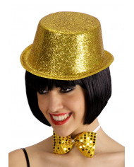 Sombrero de copa con purpurina dorada de plÃ¡stico de unos 10 cm de