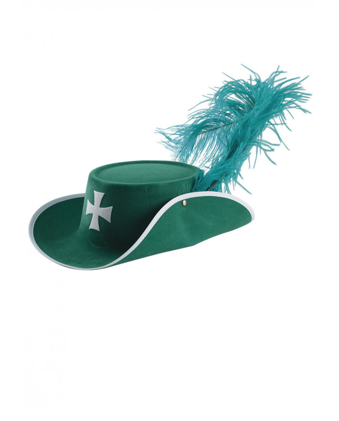 Sombrero D'Artagnan de flocado doble verde con pluma de avestruz con