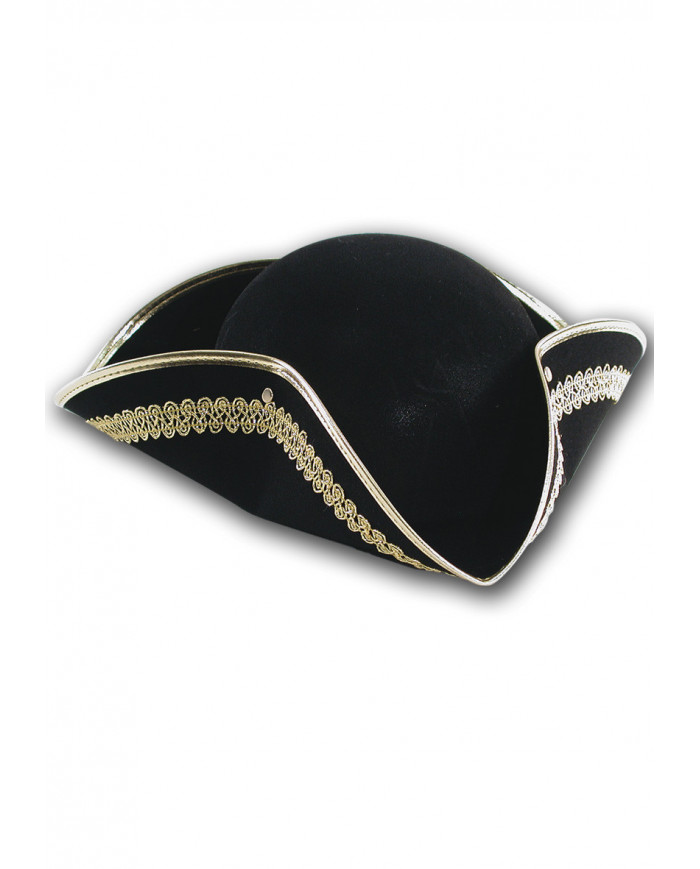 Cappello tricorno nero decorato con bordino dorato, adulto