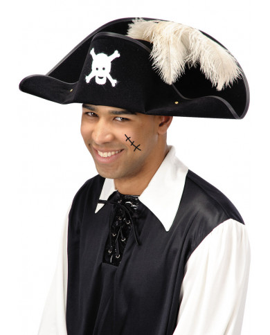 Cappello da pirata, adulto, nero con teschio sulla fronte e