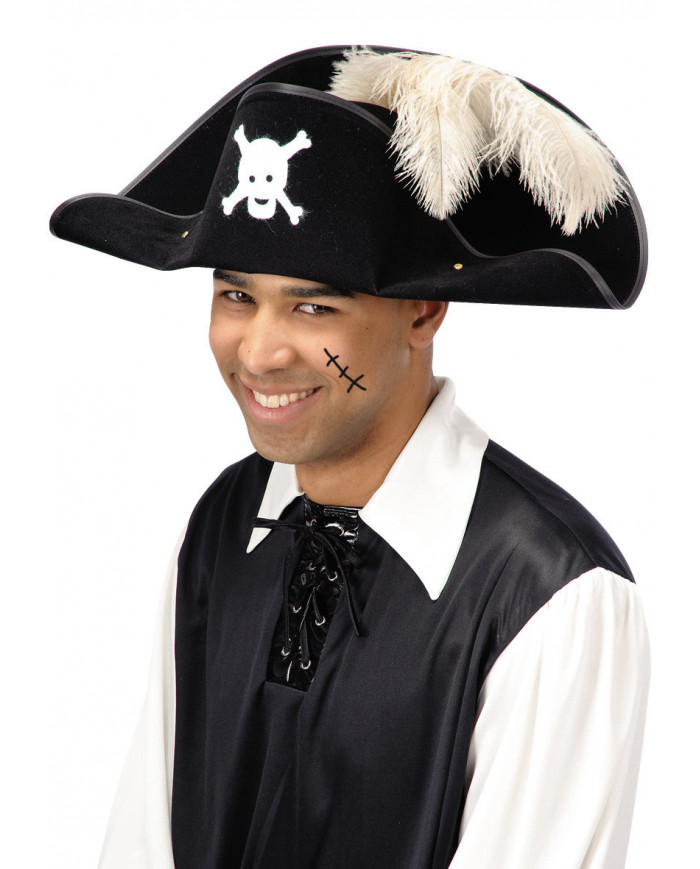 Cappello da pirata, adulto, nero con teschio sulla fronte e