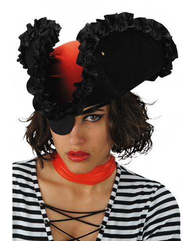 Cappello da piratessa, adulto, decorato con rouche in raso nero