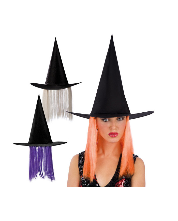 Sombrero bruja de tela plastificada con pelo de colores surtidos de
