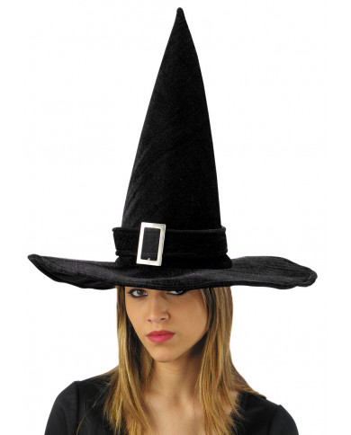 Sombrero bruja de terciopelo negro con hebilla de unos 45 cm de alto