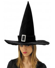 Sombrero bruja de terciopelo negro con hebilla de unos 45 cm de alto