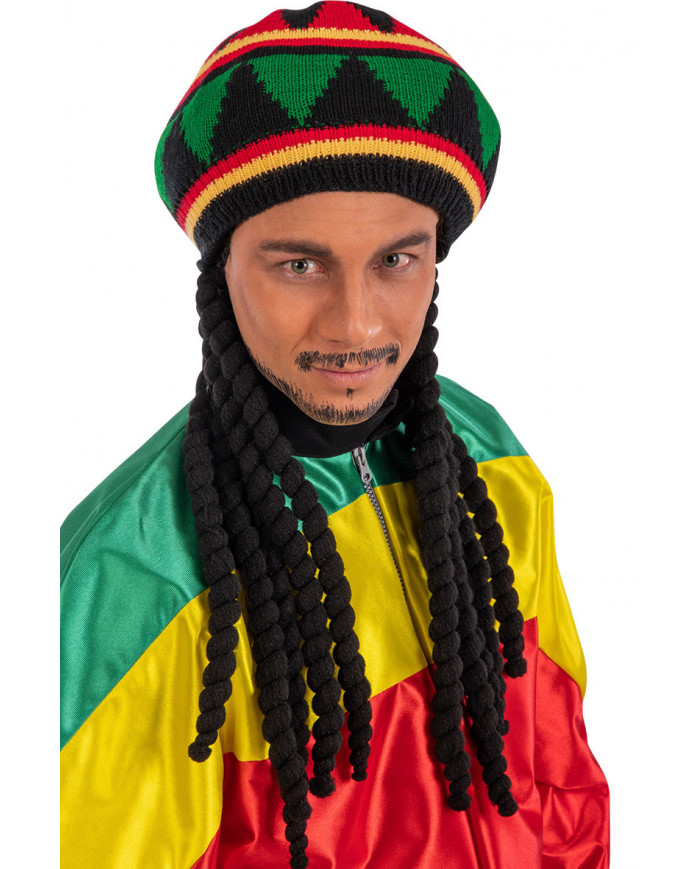 Cappello jamaicano rasta con lunghe trecce nere, ideale per
