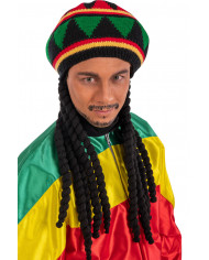 Cappello jamaicano rasta con lunghe trecce nere, ideale per