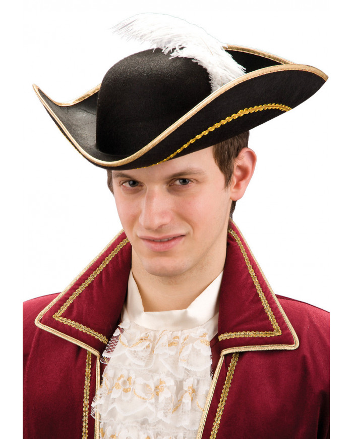 Cappello tricorno in feltro di colore nero con merletto dorato