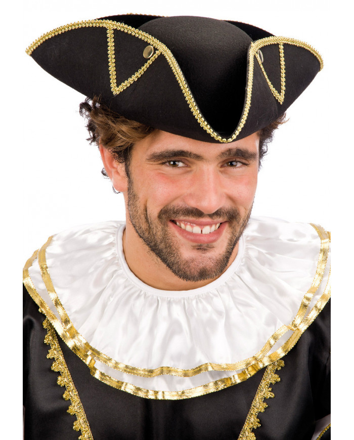 Cappello tricorno in feltro di colore nero con merletto e