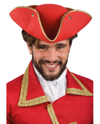 Cappello tricorno in feltro di colore rosso con merletto