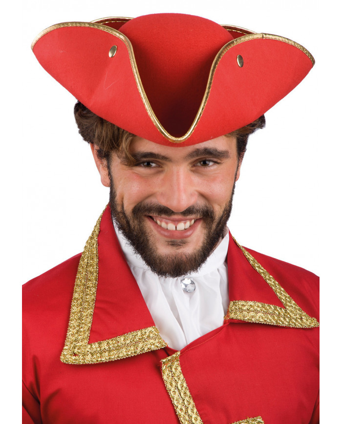 Cappello tricorno in feltro di colore rosso con merletto