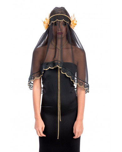 Lace headpiece with flowers and transparent veil, length cm.77