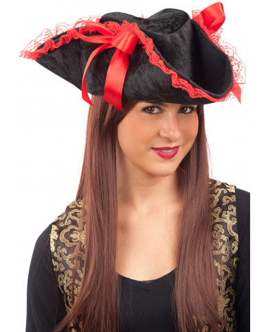 Cappello tricorno in velluto nero decorato con pizzo e nastri