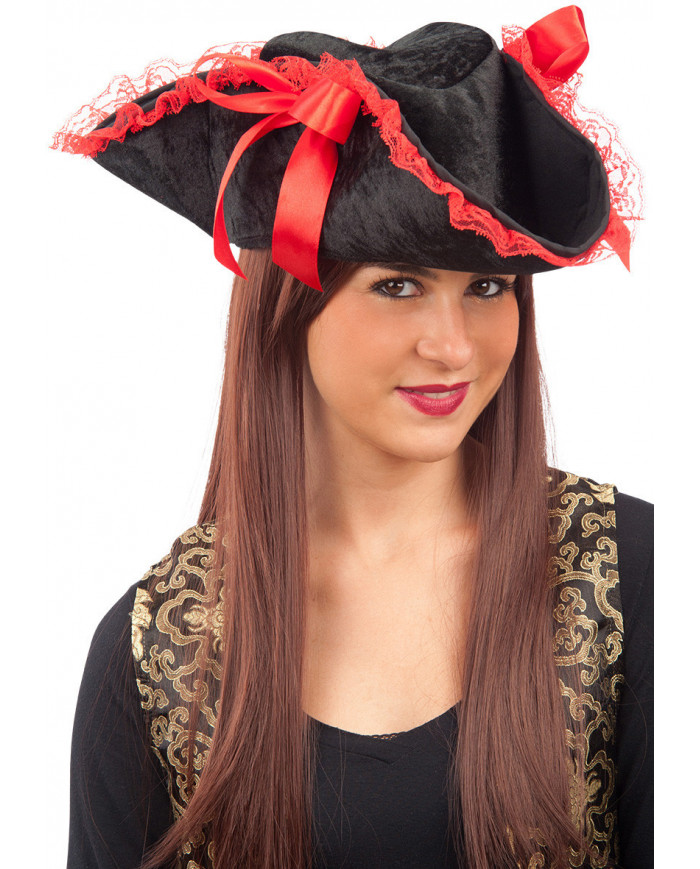 Cappello tricorno in velluto nero decorato con pizzo e nastri