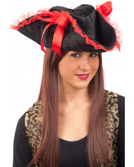 Cappello tricorno in velluto nero decorato con pizzo e nastri