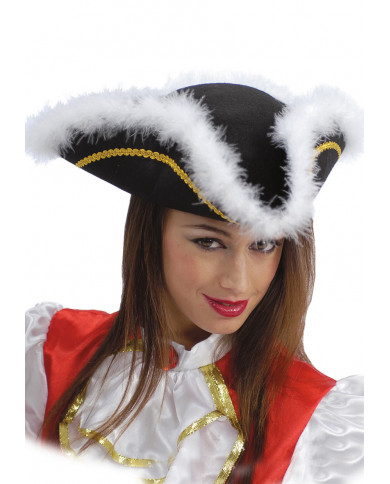 Chapeau noir tricorne en feutre et ornÃ© de plumes avec Ã©tiquette