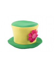 Hat in green and yellow fabric with flower, for a cheerful and