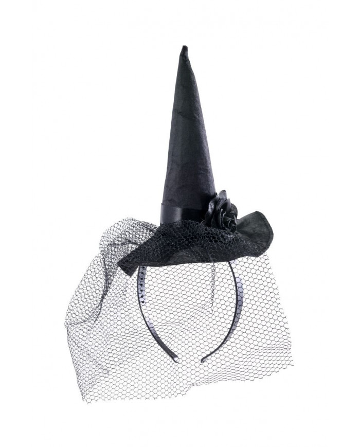 Mini witch hat in black satin with veil and rose, high cm.18