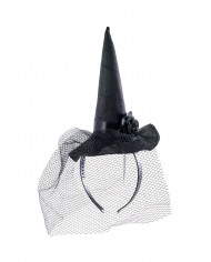 Mini witch hat in black satin with veil and rose, high cm.18