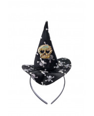 Mini cappello appuntito da strega in raso nero decorato con un