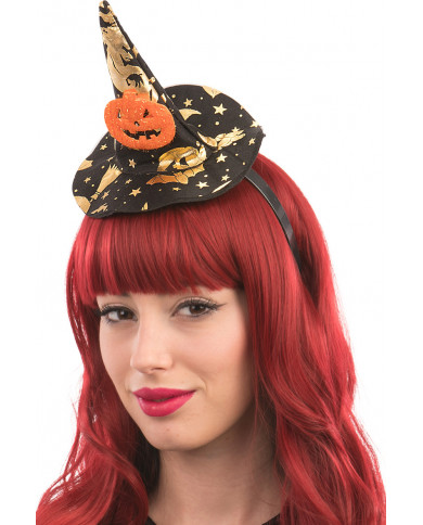 Mini cappello strega nero in raso con zucca, alto cm.14 ca.