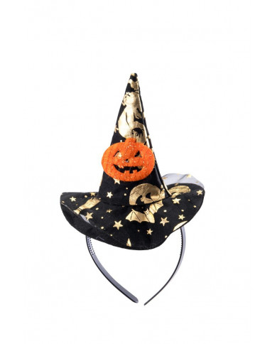 Mini cappello strega nero in raso con zucca, alto cm.14 ca.