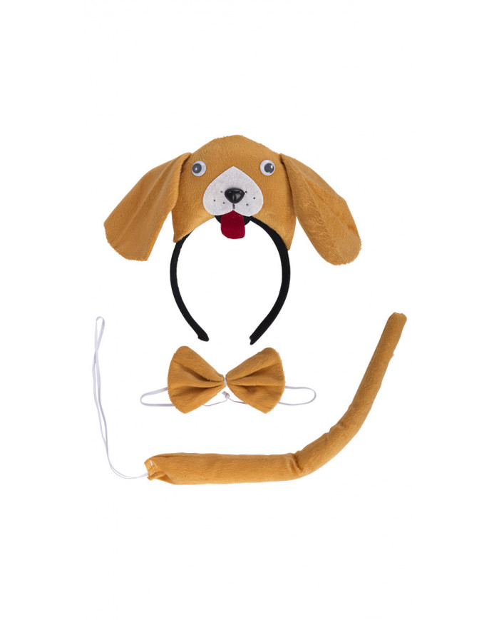 Dog set consisting of headband, tail and bow tie easy to wear