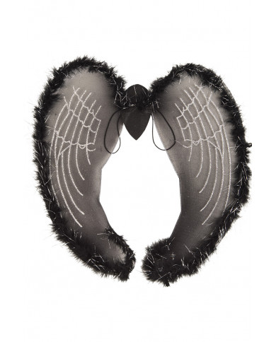Angel wings in black veil decorated with marabou and silver