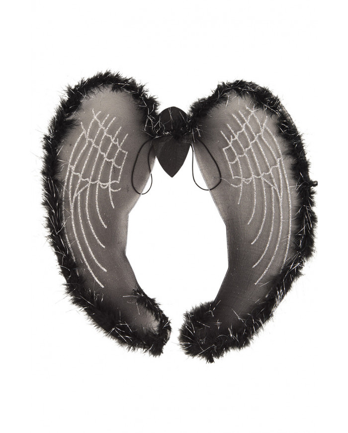 Angel wings in black veil decorated with marabou and silver