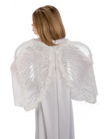Angel wings in white veil decorated with marabou and silver