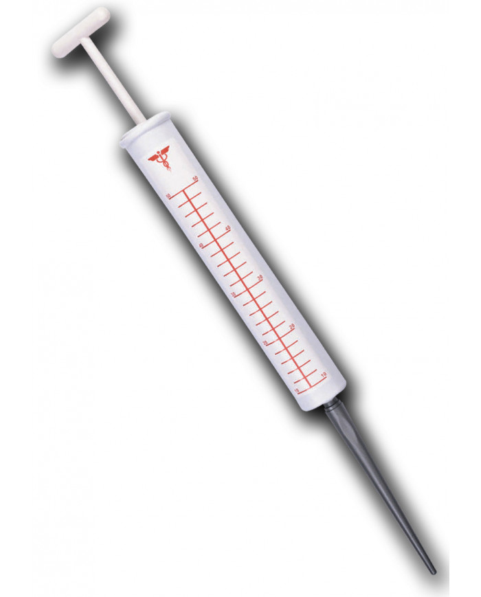 Jeringa grande de unos 53 cm de largo en bolsa con solapa de cartÃ³n