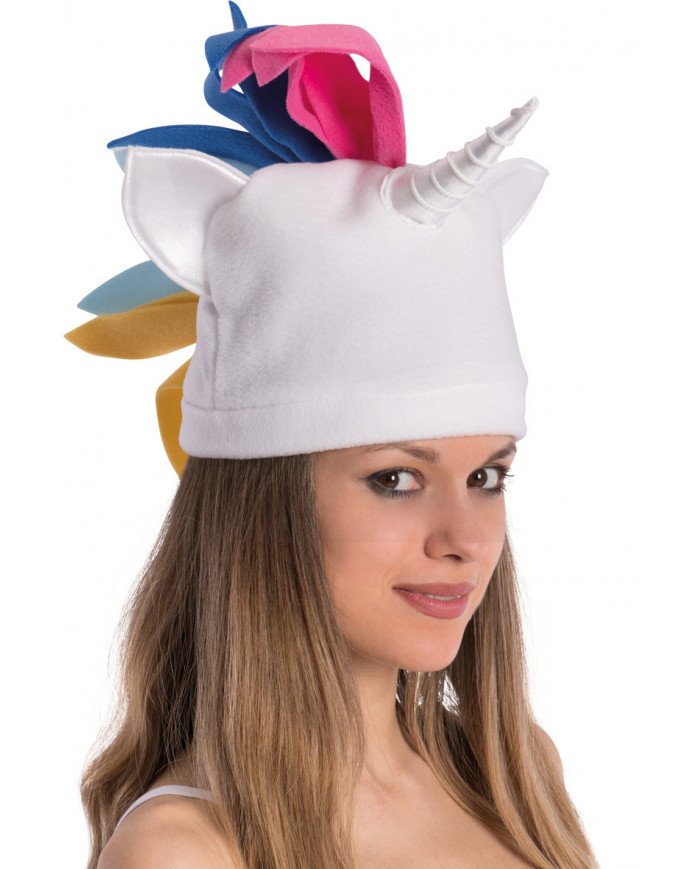 A white unicorn hat with colorful maneuvers, a fantasy animal