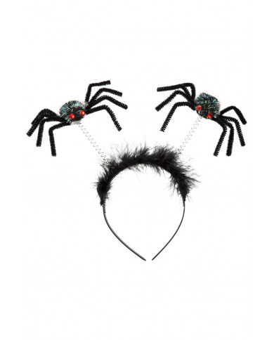 Plastic headband decorated with marabou and two black spiders